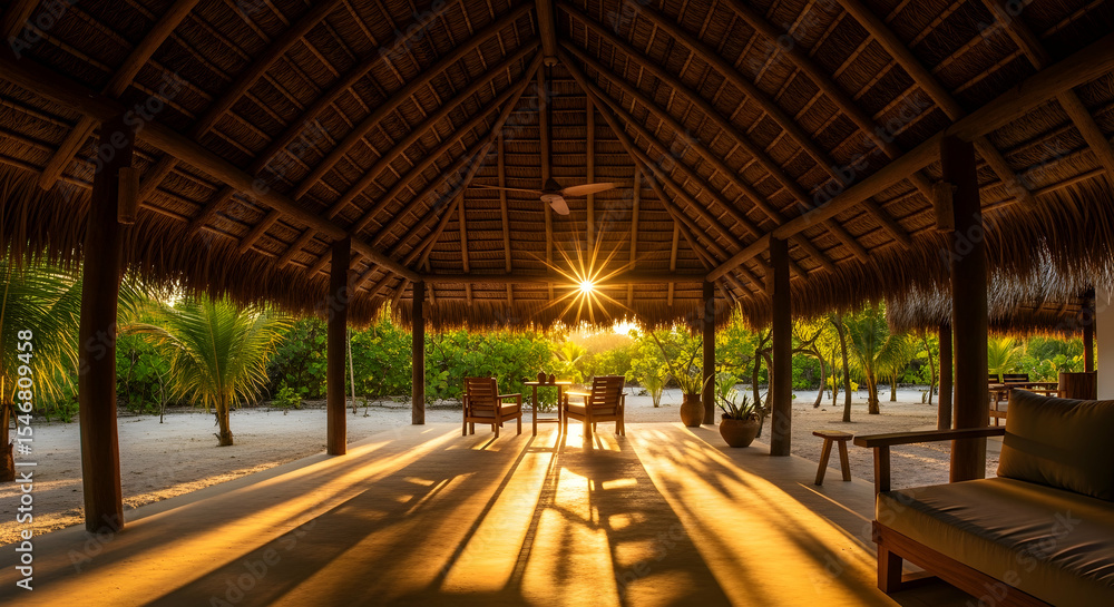 Tropical Paradise Getaway With Thatched Roof and Golden Sunset Light Tropical Paradise Getaway With Thatched Roof and Golden Sunset Light