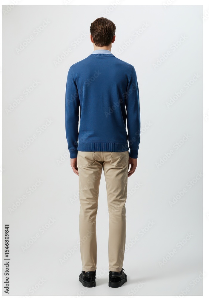 Obraz premium Rear view of a man wearing blue sweater and khaki pants standing against a bright white studio setting