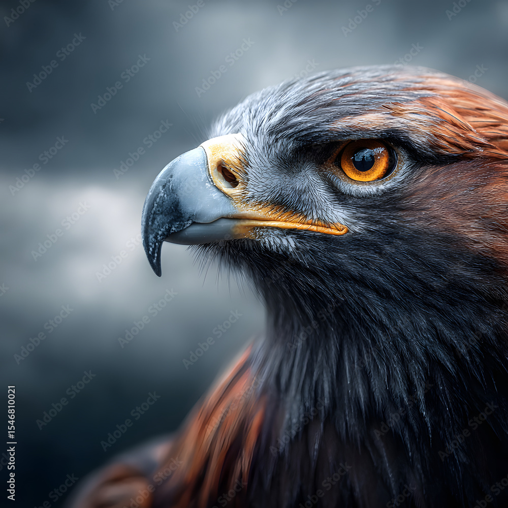Obraz premium A striking portrait of a golden eagle, showcasing its fierce gaze and impressive beak, evoking strength and wild beauty.
