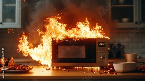 Wallpaper Mural A kitchen scenario depicts a microwave engulfed in flames, capturing a dramatic moment of chaos and danger in everyday domestic life. Torontodigital.ca