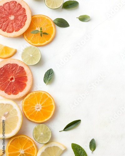 white background with sliced citrus fruits on left and right sides, bright top light, photorealistic, fresh style