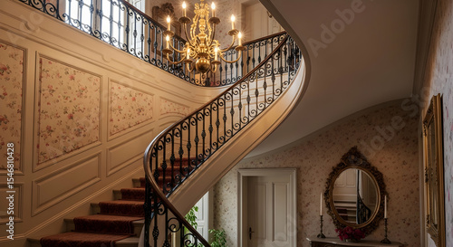 Grand Staircase With Ornate Chandelier In An Elegant Home Interior