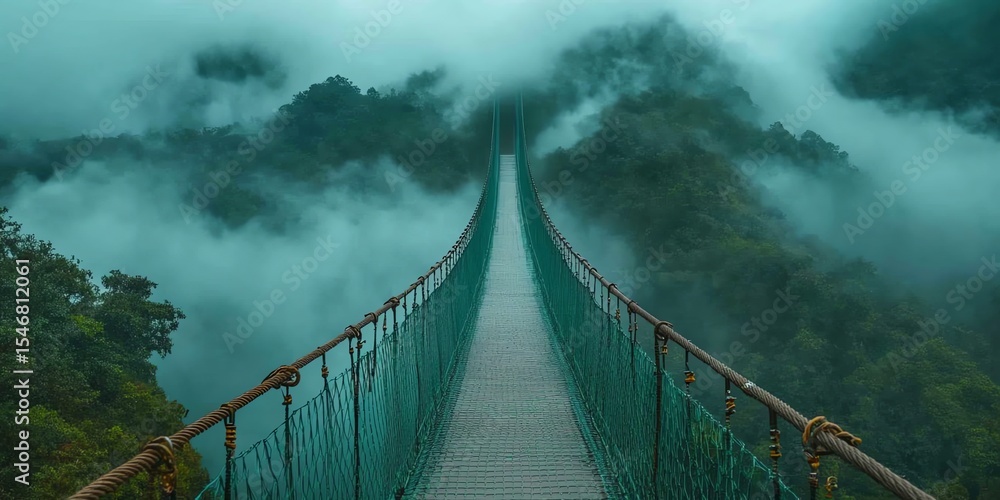 Fototapeta premium Suspension Bridge Over Misty Forest Mountains in Green and Blue Tones