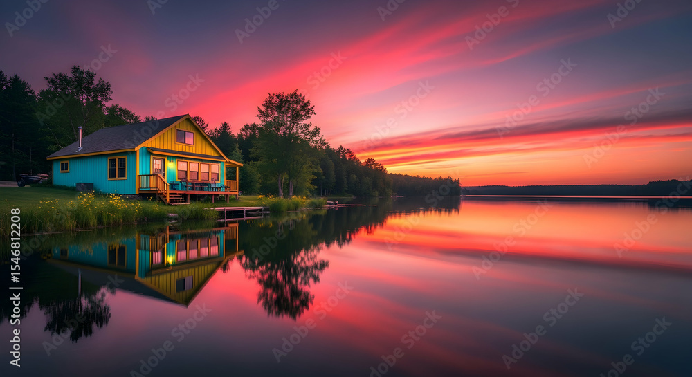 Fototapeta premium Charming Lakeside Cabin at Dawn Reflections of a Vibrant Sky