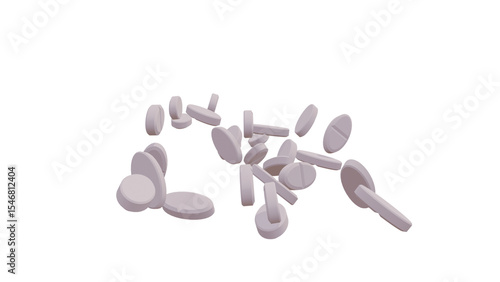 Many capsule pills falling down on green background. 3D medicine pills background. White pills falling down