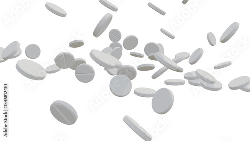 Many capsule pills falling down on green background. 3D medicine pills background. White pills falling down