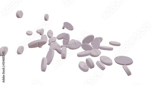 Many capsule pills falling down on green background. 3D medicine pills background. White pills falling down