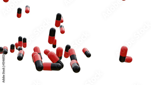 Many capsule pills falling down on green background. 3D medicine pills background. White pills falling down
