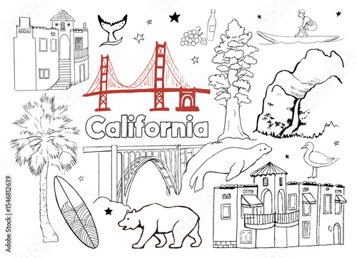 Hand-drawn California-themed vector illustration with iconic landmarks, wildlife, nature, and lifestyle elements like the Golden Gate, surfer, bear, and redwood