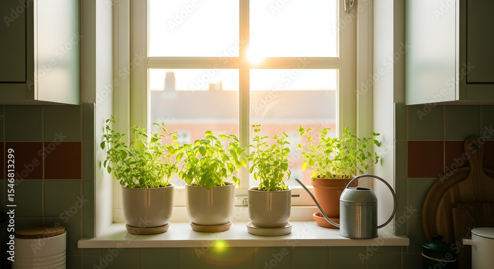 Fototapeta premium Indoor Gardening With Basil Pots And Watering Can At Sunny Window