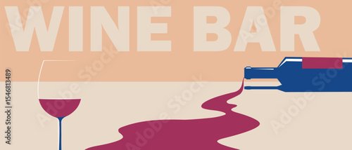 Wine bottle fell, wine spilled, wine glass, vector flat design. Poster for bar, alcoholism and drunkenness illustration, wine list design, red wine, merlot, chardonnay