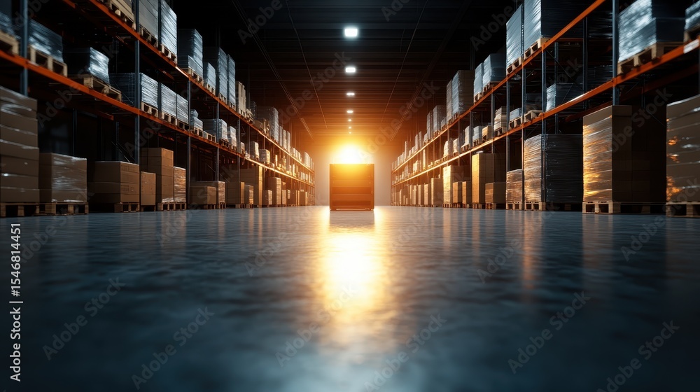 Fototapeta premium An expansive warehouse corridor illuminated by golden sunlight creates a dramatic effect, symbolizing the hard work and organization required in logistics and shipping operations.