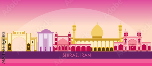 Sunset Skyline panorama of city of Shiraz, Iran - vector illustration