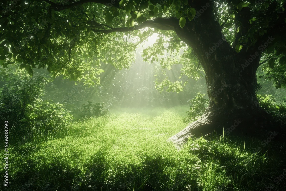 Fototapeta premium Majestic jungle landscape showcasing a large tree with lush green grass and soft light filtering through foliage, jungle Photo background in forest, big tree, green grass