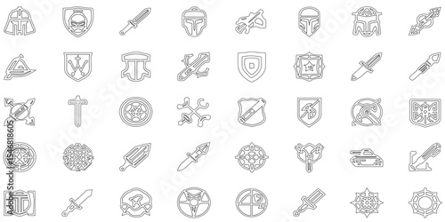 Set of war weapon icon with line art outline, military and defense editable stroke outline collection of icons set isolated background. 