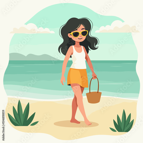 Young woman walking barefoot on the beach, wearing sunglasses, with a bag in hand and a sunny sky