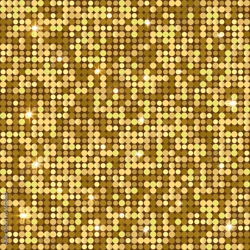 Square luxury premium golden Shiny Disco Light Background with glitter, sparkles and glares. Abstract Glowing Sequin Wall. Empty Polka dot gold background. Festive, elegant, New Year vector EPS10