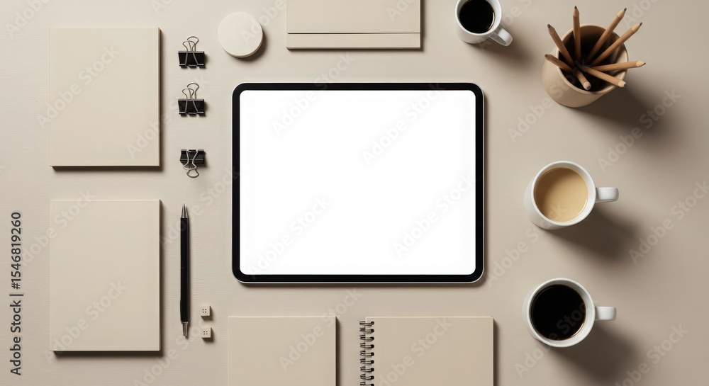 Minimalist Workspace Setup with Tablet and Coffee in Neutral Colors Minimalist Workspace Setup with Tablet and Coffee in Neutral Colors