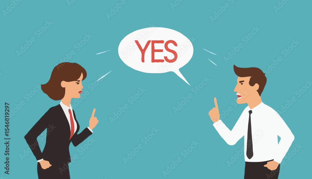 Yes, No argument or disagreement, conflict fight debate, dilemma, dispute or office rivalry war, struggle, negative discussion concept, businessman and woman arguing or fight with yes and no sig Yes, No argument or disagreement, conflict fight debate, dilemma, dispute or office rivalry war, struggle, negative discussion concept, businessman and woman arguing or fight with yes and no sig