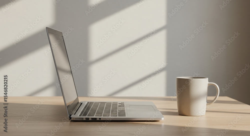 Fototapeta premium Modern Laptop and Coffee Mug on Minimalist Wooden Table