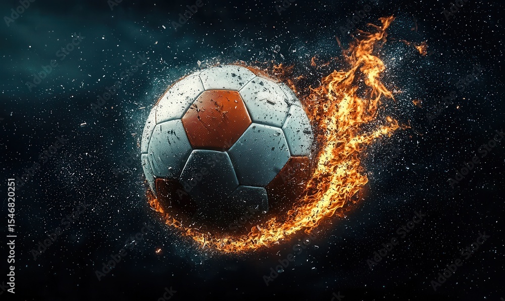 Fototapeta premium Flaming soccer ball soaring through dark stormy skies in an intense display of power and motion