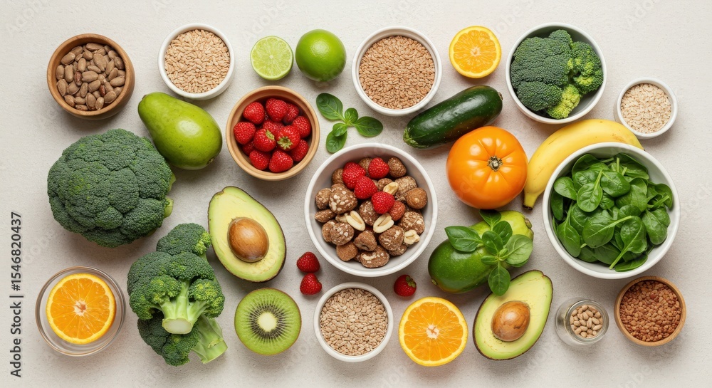 Fresh and Healthy Vegetables and Fruits Arranged on a Table Surface Fresh and Healthy Vegetables and Fruits Arranged on a Table Surface