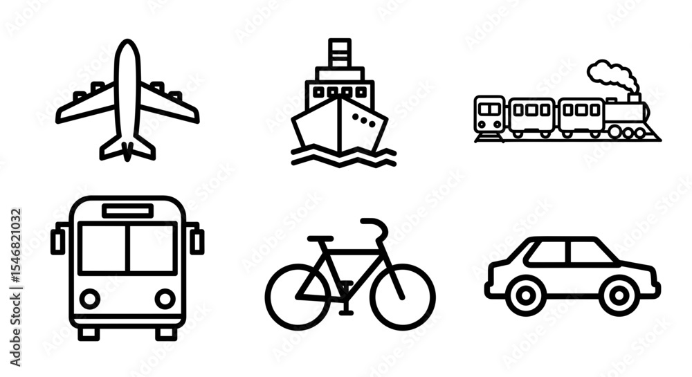 Vector assortment of transportation icons including airplane ship train bus bicycle and automobile vehicle icons Vector assortment of transportation icons including airplane ship train bus bicycle and automobile vehicle icons