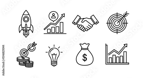 Vector outline icons depicting business growth, target achievement, and financial success are displayed
