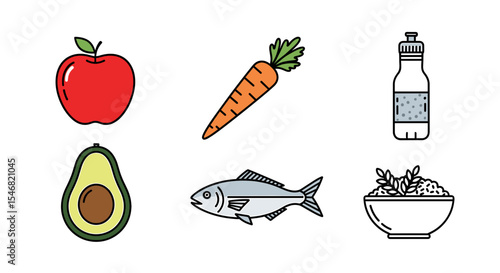 Vector assortment of healthy food items including fruit vegetables protein and hydration displayed together nicely