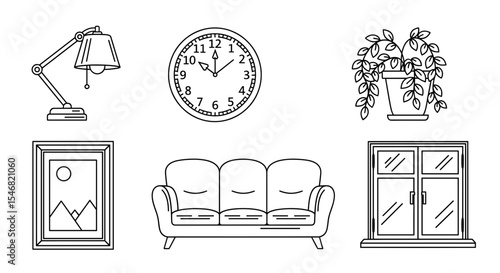Vector line drawing of a room with a sofa, lamp, clock, plant, window, and a framed picture on the wall