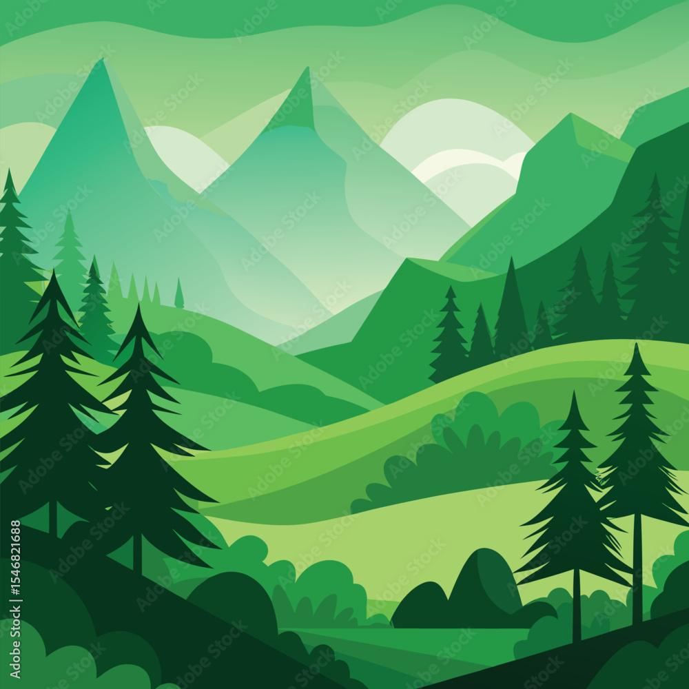 Fototapeta premium A Tranquil Illustration: Pine Trees Over a Lush, Layered Mountain Landscape