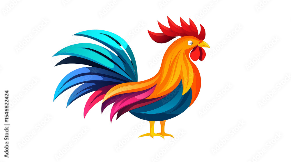 Fototapeta premium Colorful rooster standing in a vibrant modern illustration style. transparent background