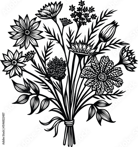 Classic Hand-Tied Bouquet: A Black and White Floral Illustration