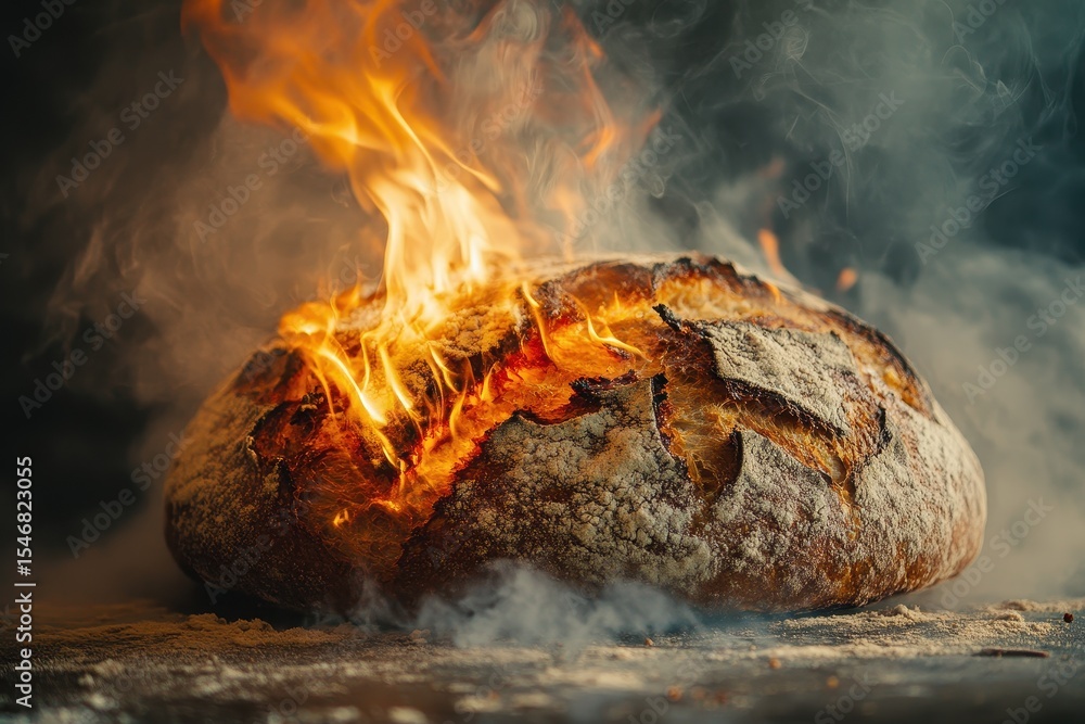 Naklejka premium Rustic bread surrounded by vibrant flames creating a unique cooking spectacle, Rustic bread with eruption of vibrant flames and smoke