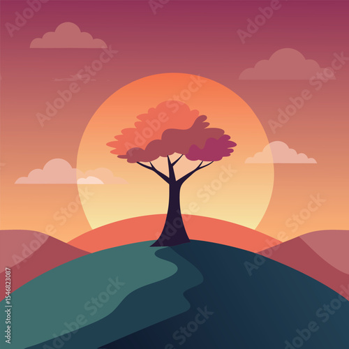 Solitary Tree Silhouette on a Gentle Hill at Sunset