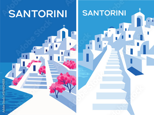 Stylized minimalist vector illustration of Santorini, Greece. Whitewashed houses, bright pink bougainvillea flowers, and deep blue sea under a clear sky