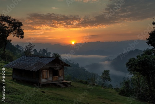 Sunrise over a wooden house in the mountains with mist and vibrant colors filling the sky, sunrise house in the mountains