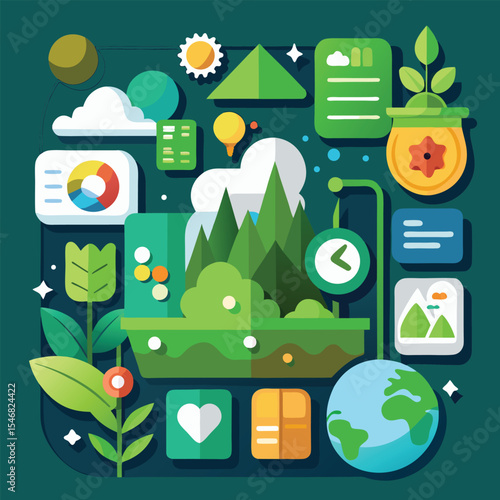 Flat Design Illustration of Environmental Data and Nature Symbology
