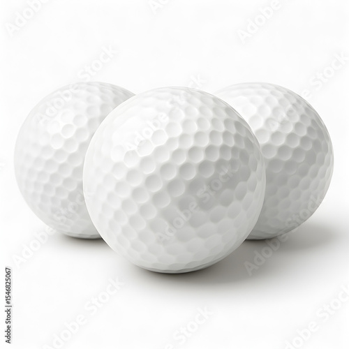 Three white golf balls group – studio shot with realistic dimples – isolated on white background