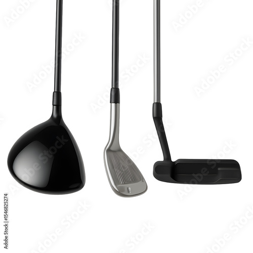 Set of three golf clubs – driver, iron and putter – realistic render isolated on white background
