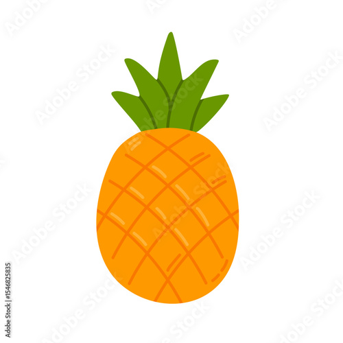 Vector illustration of a whole ripe pineapple with spiky green crown. Ideal for tropical food packaging, summer designs, recipe books, and healthy life content