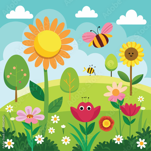 A Sunny Day in the Flower Meadow with Buzzing Bees