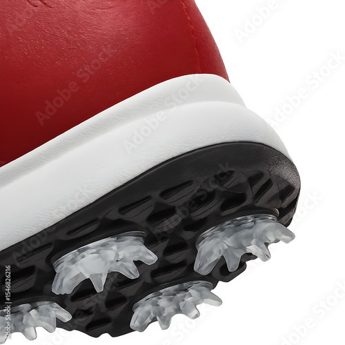 Golf shoe sole close-up – red upper with hybrid spikes – high-detail macro isolated on white