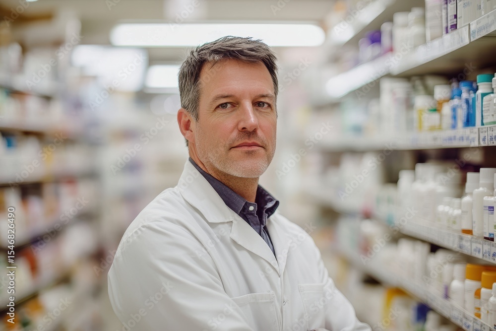 Portrait of a male pharmacist standing confidently among assorted pharmacy products in a well stocked store, Portrait of a man in pharmacy, product shelves Portrait of a male pharmacist standing confidently among assorted pharmacy products in a well stocked store, Portrait of a man in pharmacy, product shelves