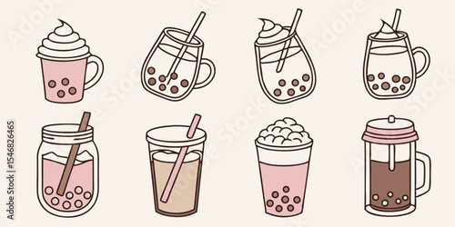 cartoon assortment of bubble tea drinks isolated on white background.