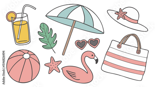 colorful summer beach icons with outlines isolated on white background.