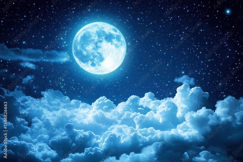 Fototapeta premium Full moon shrouded by overcast clouds illuminating a night sky adorned with stars, Overcast clouds blotting out moonlight Full moon radiating white light in dark and cloudy night sky