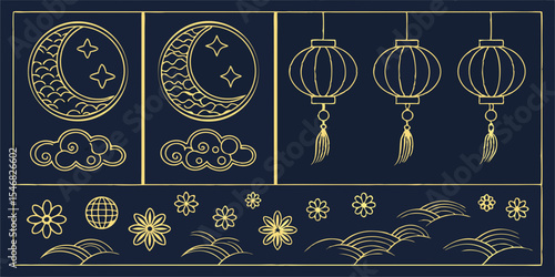 golden line art of asian celestial and festive elements isolated on white background
