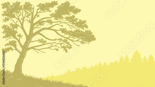 serene yellow landscape silhouette with tree and rolling hills illustration background.
