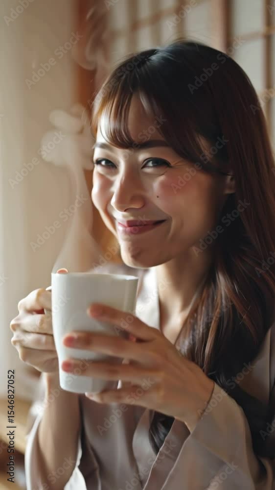 positive asian young woman with cup of coffee sitting in bed in bedroom, morning positive asian young woman with cup of coffee sitting in bed in bedroom, morning